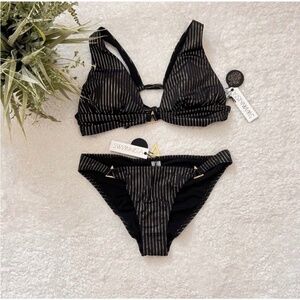 Swiminista Sleek Black Gold Metallic Pinstripe Bikini Set Sz L